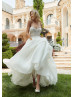 Beaded Ivory Lace Organza Pickup Wedding Dress With Detachable Sleeves